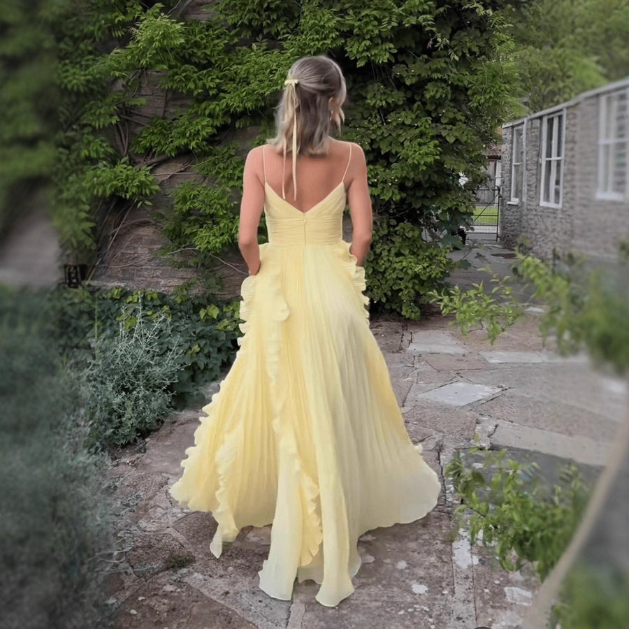 Lemon Ruffle Pleated Maxi Dress