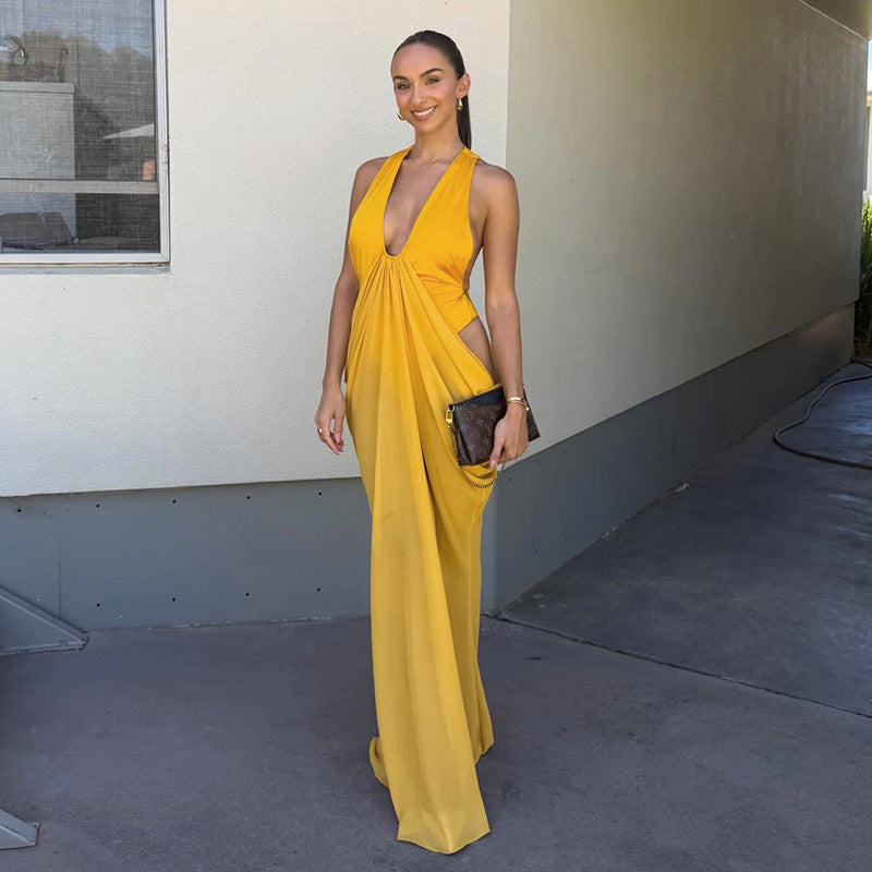 Deep V Sexy Pleated Waist Dress — Yellow