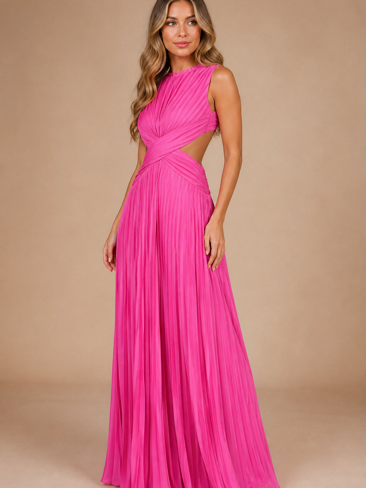 Pleated Cut-Out Maxi Dress – Sleeveless Backless Beach Dress