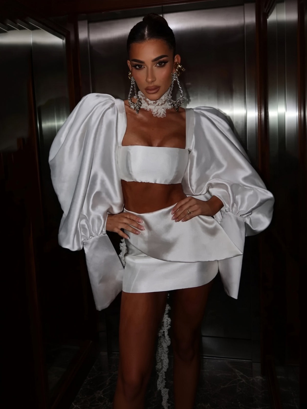 Satin Puff-Sleeve Party Dress