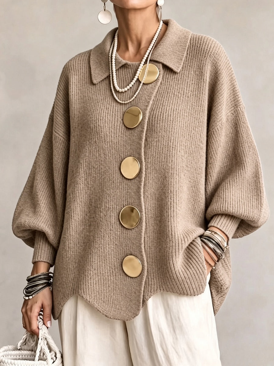 Oversized Gold-Button Knit Cardigan