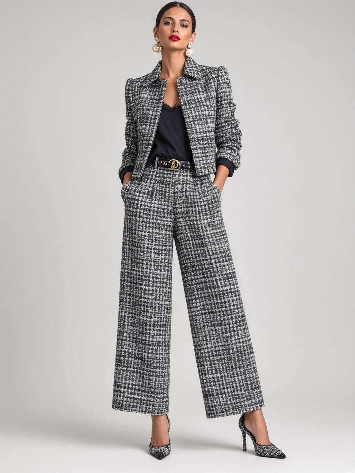 Tweed Cropped Jacket & Wide-Leg Pants Set