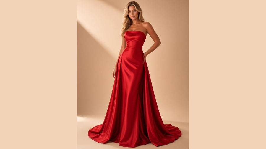 Rotes trägerloses Satin-Brautkleid mit Kapellenschleppe – formelles Abendkleid