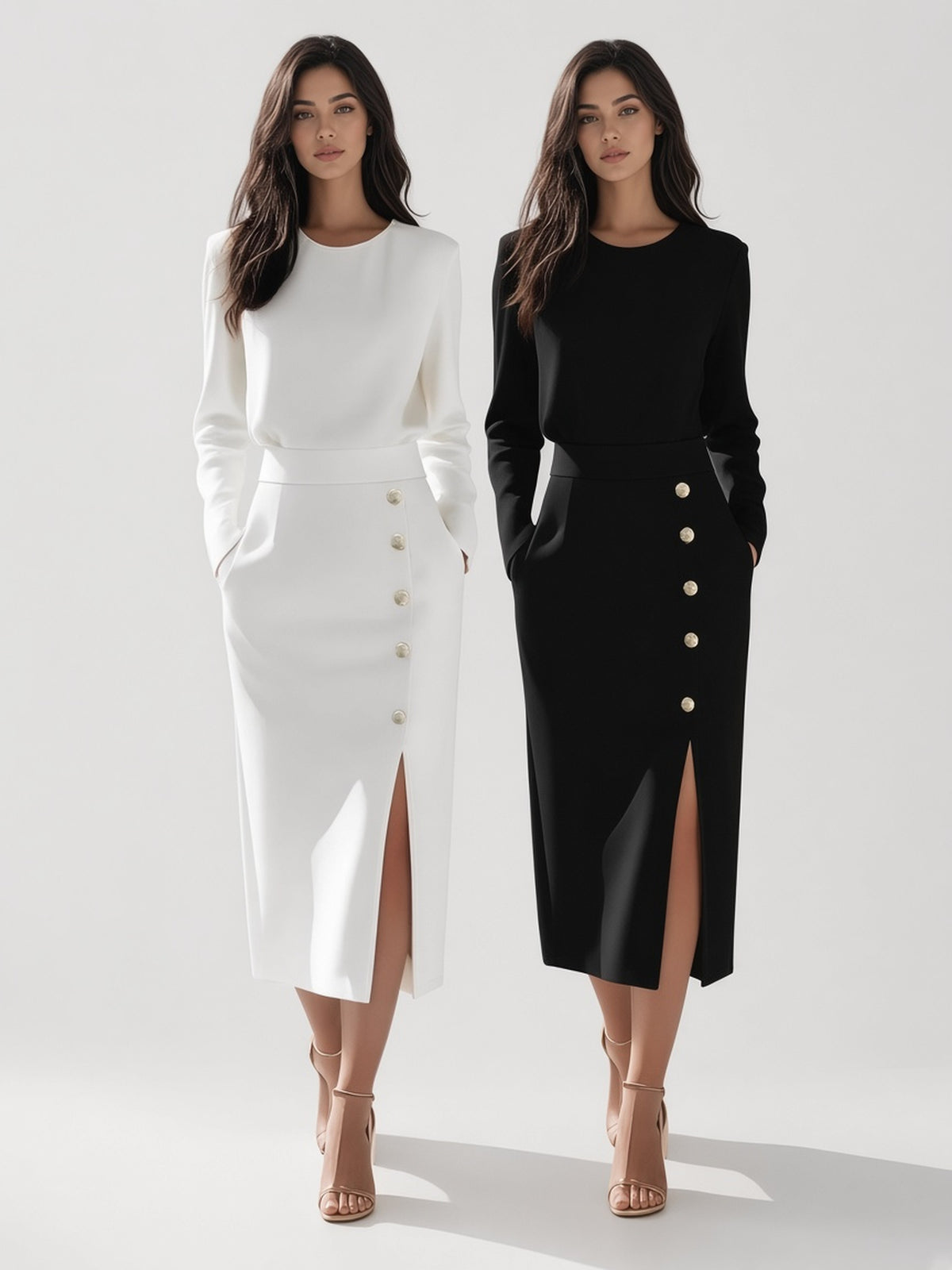 Robe boutonnée à manches longues, col rond, taille cintrée et fente