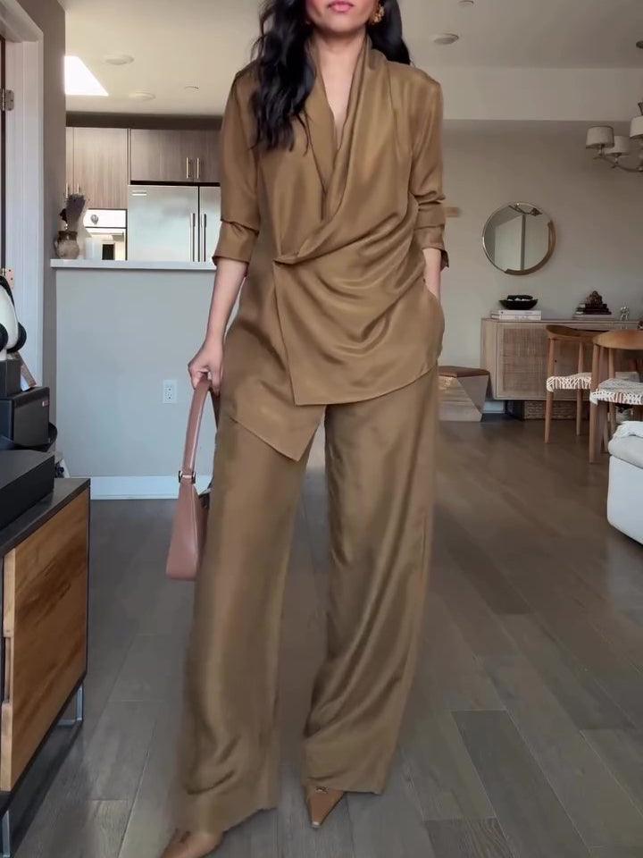 Wrap-style Satin Blouse And Wide-leg Pants Set — Camel