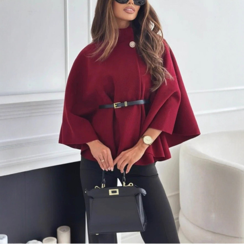 Belted Batwing Cape Coat with Stand Collar
