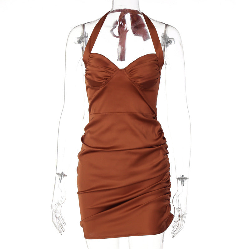 Ruby Satin Halter Ruched Mini Dress