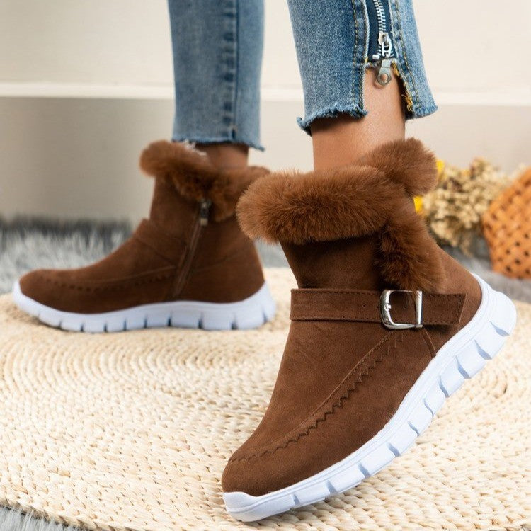 Plush-Cuff Buckle Ankle Snow Boots