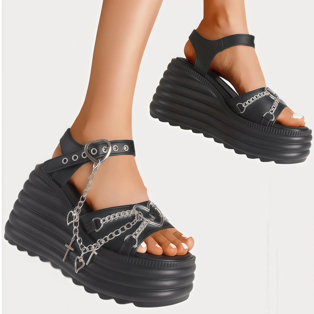 Step Out in Style: Women's Gothic Platform Sandals with Cross Chain Detail - Casual Comfort Black Chunky Heel for Everyday Chic — gothic platform sandal, view 6