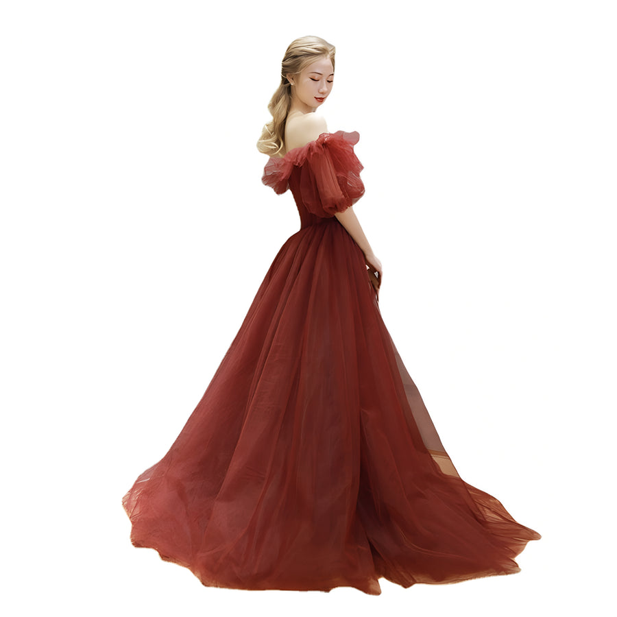 Crimson Tulle Off-Shoulder Ball Gown