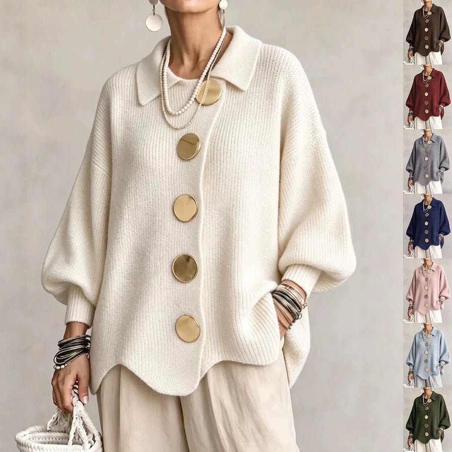 Oversized Gold-Button Knit Cardigan