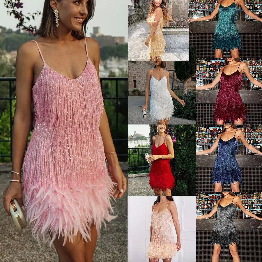 Sequin Feather Tassel Mini Dress