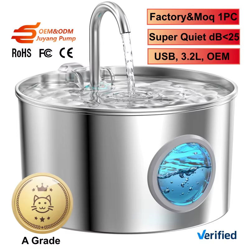 Stainless Steel Automatic Cat Water Fountain Quiet Pump 3.2L Pet Drinking Fountain USB Powered Indoor Pet Cat Water Feeder