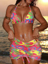 Three-Piece Set Women'S Starfish Decor Spaghetti Strap Triangle Bikini Set, Stretchy Swimsuit Bikini, Solid Swimsuit Set, Skirt Style Swimsuits, Bikini Outfits, Skirted Bathing Suits, Swimwear Set for Beach Holiday Vacation