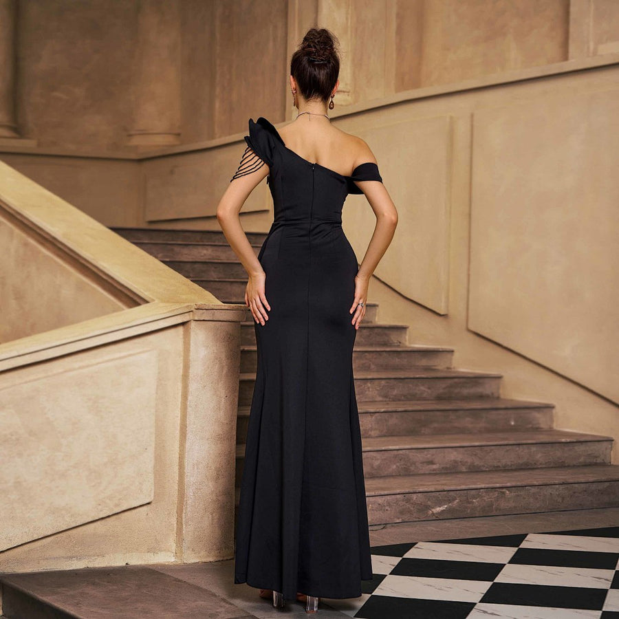 One-Shoulder Evening Gown With Beaded Arm Detail
