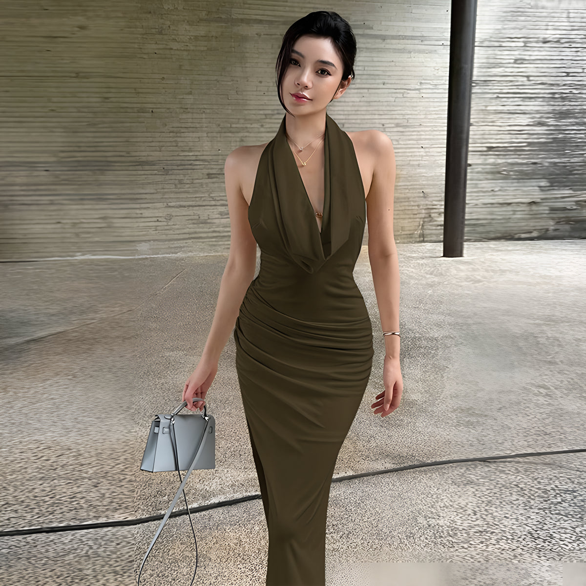 Cowl Halter Backless Maxi Dress