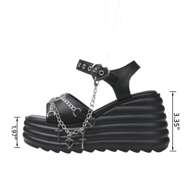 Step Out in Style: Women's Gothic Platform Sandals with Cross Chain Detail - Casual Comfort Black Chunky Heel for Everyday Chic — gothic platform sandal, view 4