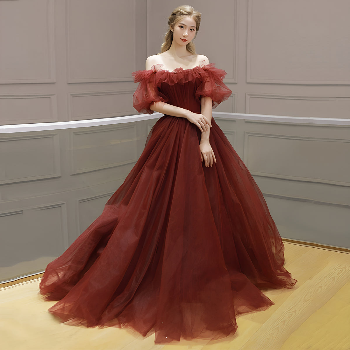 Crimson Tulle Off-Shoulder Ball Gown