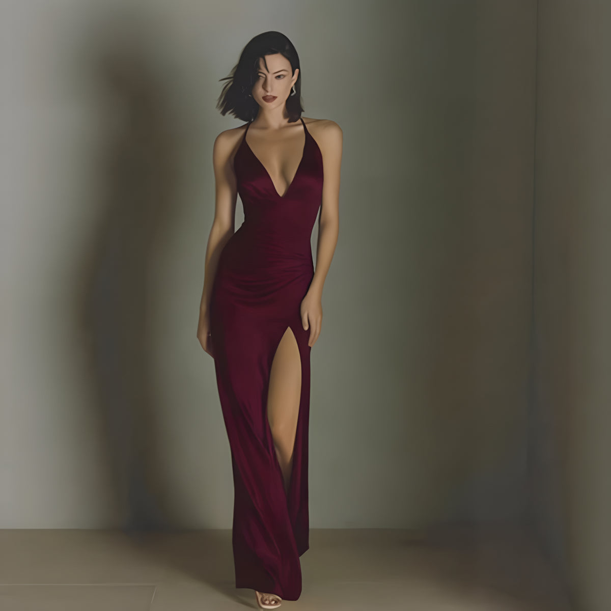 Plunge Halter Satin Slit Gown
