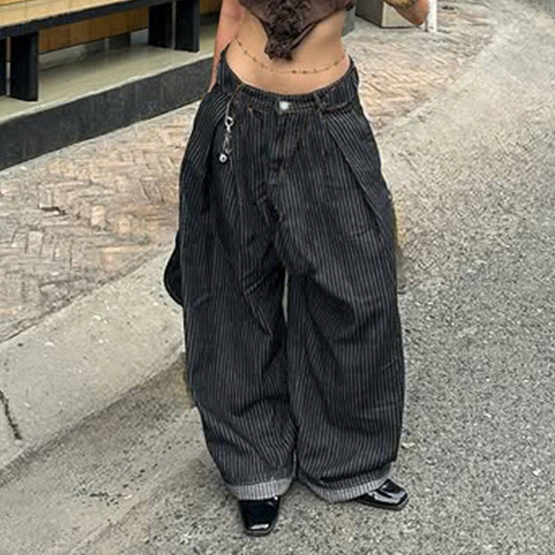 Retro Washed Scimitar Jeans Street Style Loose Wide Leg Pants