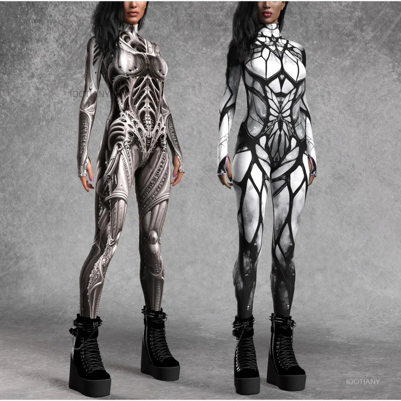 Skeleton Print Halloween Bodysuit – Women's Cosplay Costume