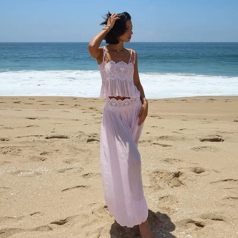 Women's Sheer Lace Backless Spaghetti Strap Top & Wide-Leg Pant Set – Beach Chic 2-Piece Suit