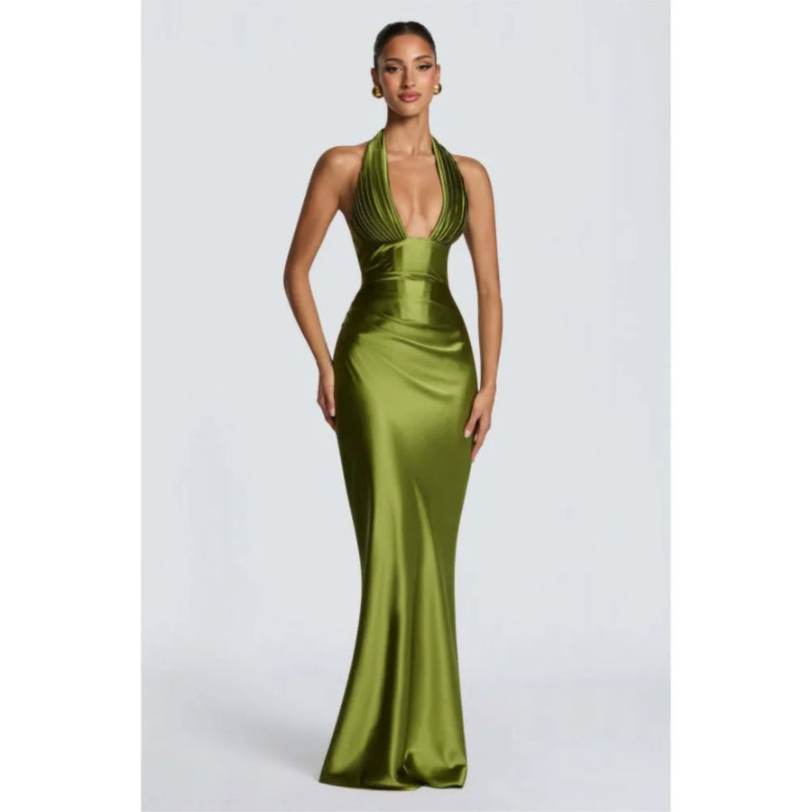 Olive Satin Plunge Halter Maxi Gown – Green Evening Dress