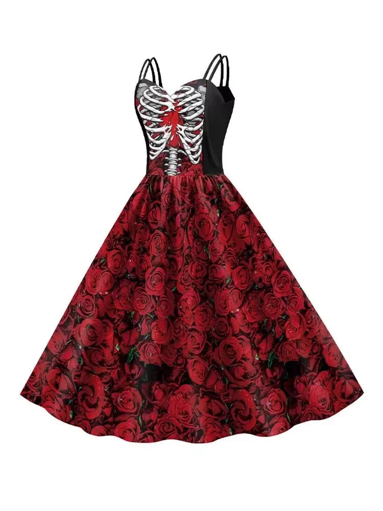Women Halloween Skeleton Rose Dress Set Day of The Dead Cosplay Costume With Veil Crown Gloves For Carnival Party