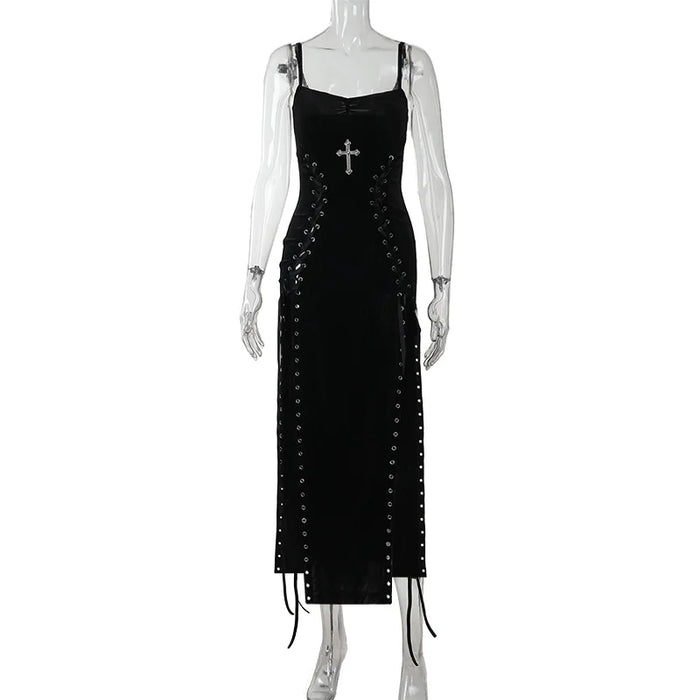 Goth Dark Punk Grunge High Split Hem Straps Dess 90s Streetwear Gown Women Sexy Corn Bandage Velvet Dresses Mall Gothic Clothing