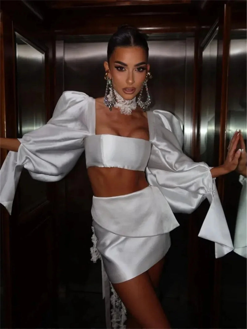 Satin Puff-Sleeve Two-Piece Party Dress