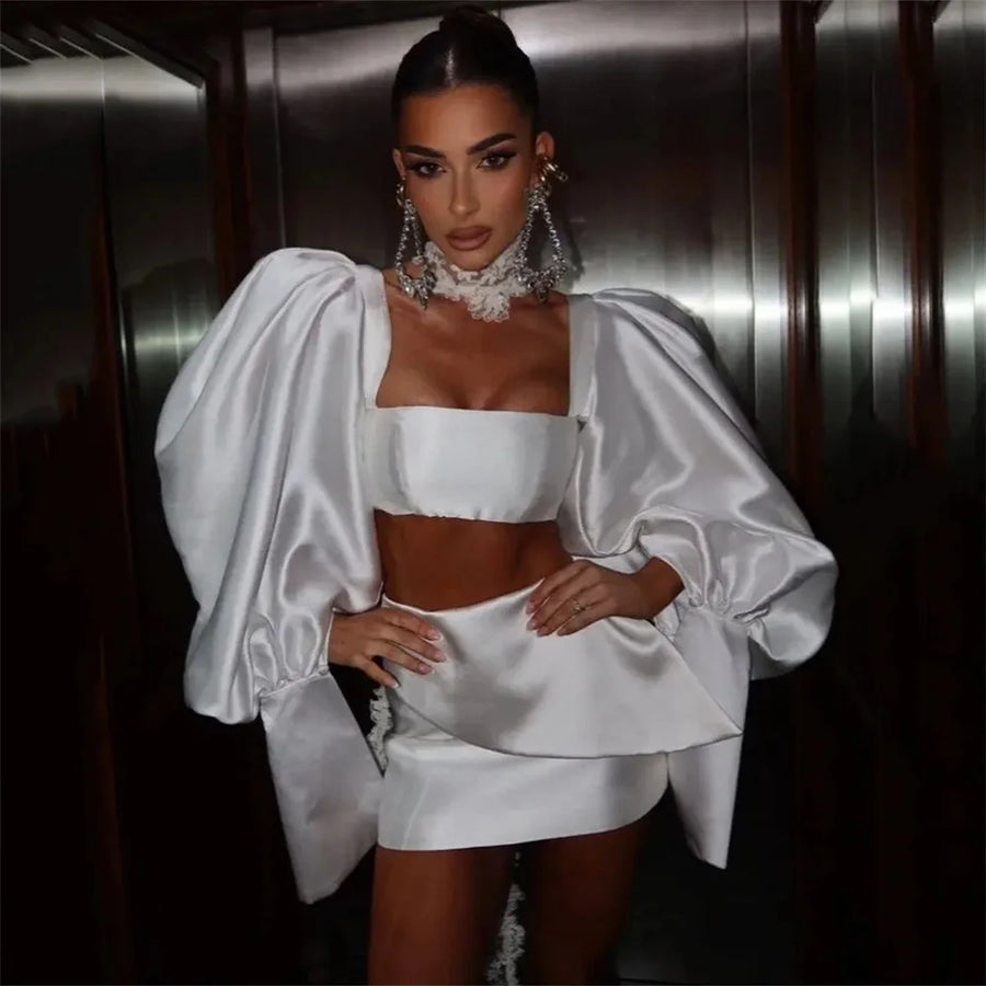 Satin Puff-Sleeve Party Dress