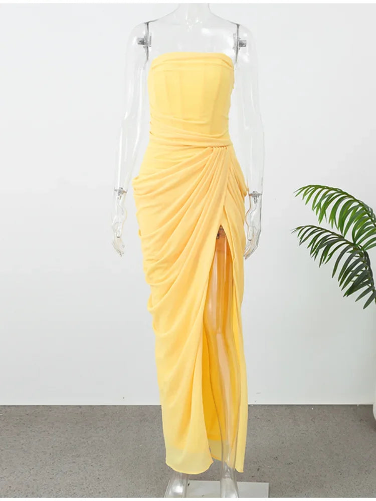 The Pleated Strapless Split Maxi Gown