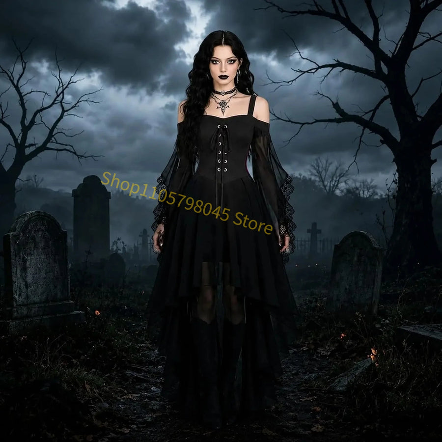 Women Medieval Gothic Vampire Witch Costume Butterfly Mesh Long Sleeve Irregular Hem Dress, For Halloween Carnival Theme Party