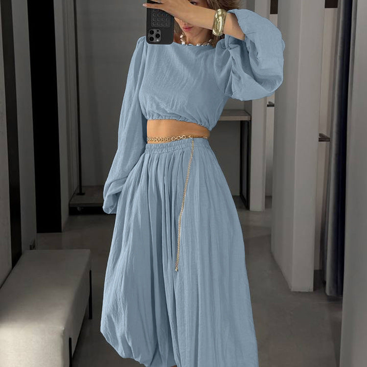 Crew Neck Long-sleeved Cropped Top And Trousers Two-piece Set — Blue
