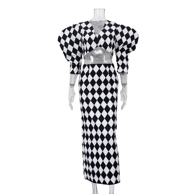 Diamond Check Puff Sleeve V-Neck Crop Top & High Waist Mermaid Maxi Skirt 2-Piece Co-Ord Set — White