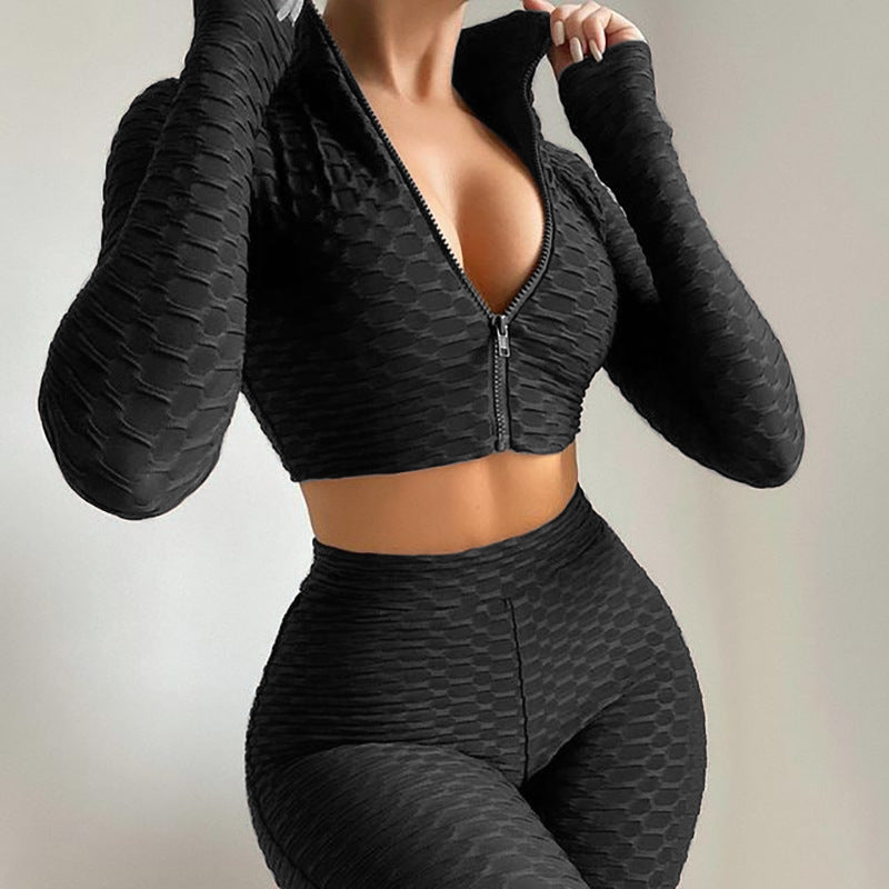 Women's Tracksuit Yoga Fitness Suit Activewear Set Tummy Control Butt Lift Long Sleeve Sport Clothing — Black