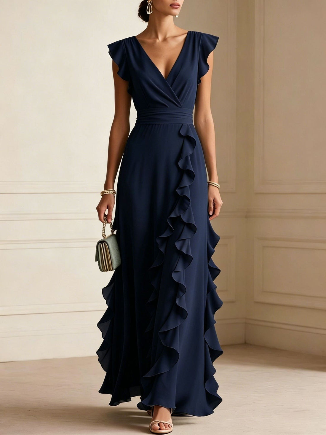 The Celeste Ruffle Maxi Dress — Navy Blue