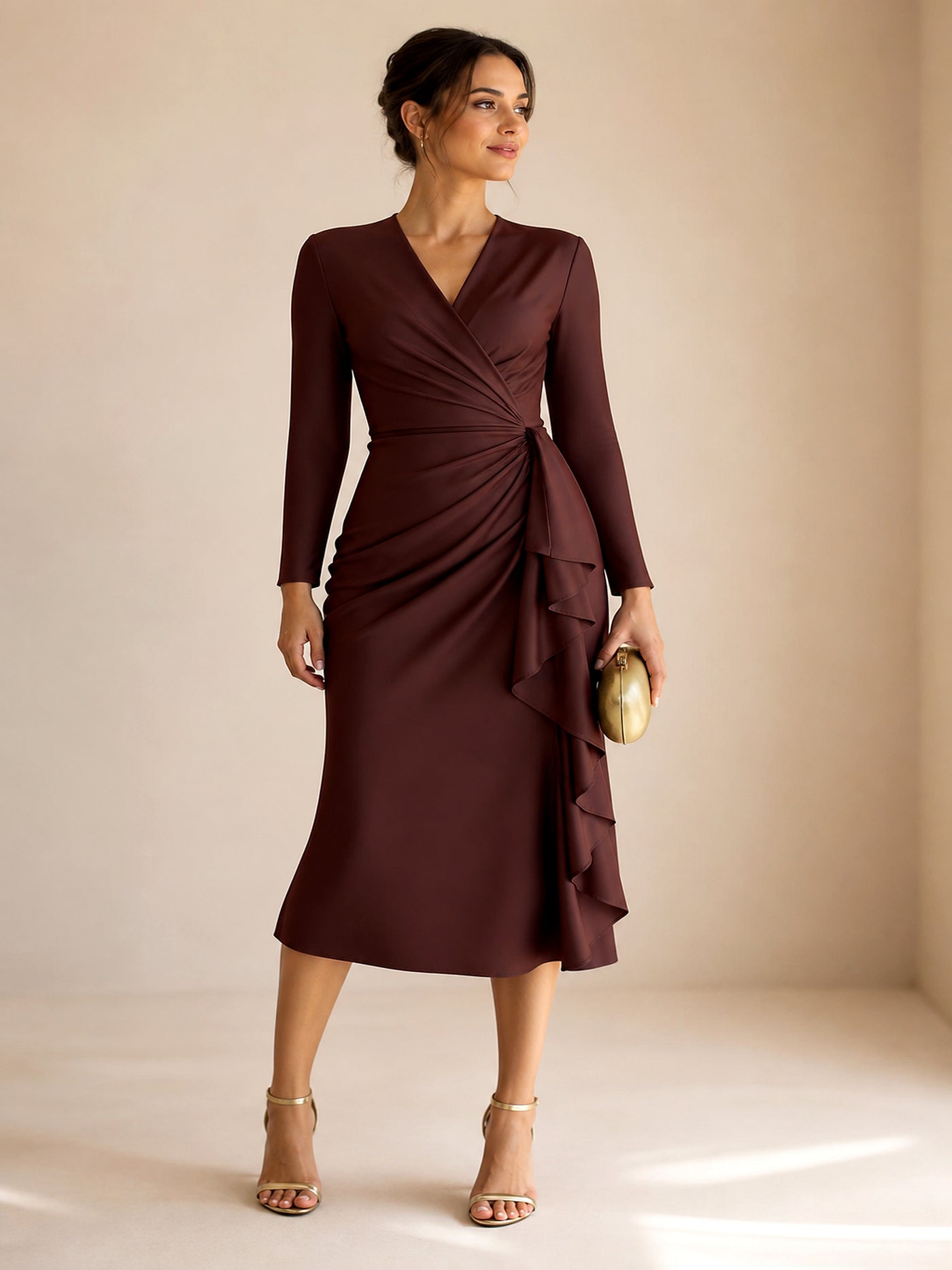 CinchedAura™ V-Neck Waist-Cinch Long Dress