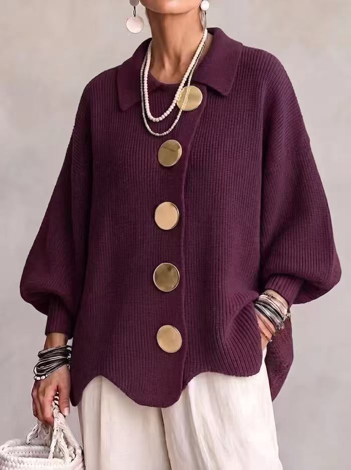 Oversized Gold-Button Knit Cardigan