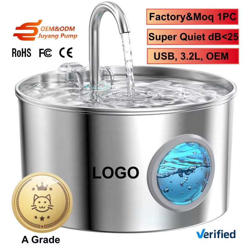 Stainless Steel Automatic Cat Water Fountain Quiet Pump 3.2L Pet Drinking Fountain USB Powered Indoor Pet Cat Water Feeder