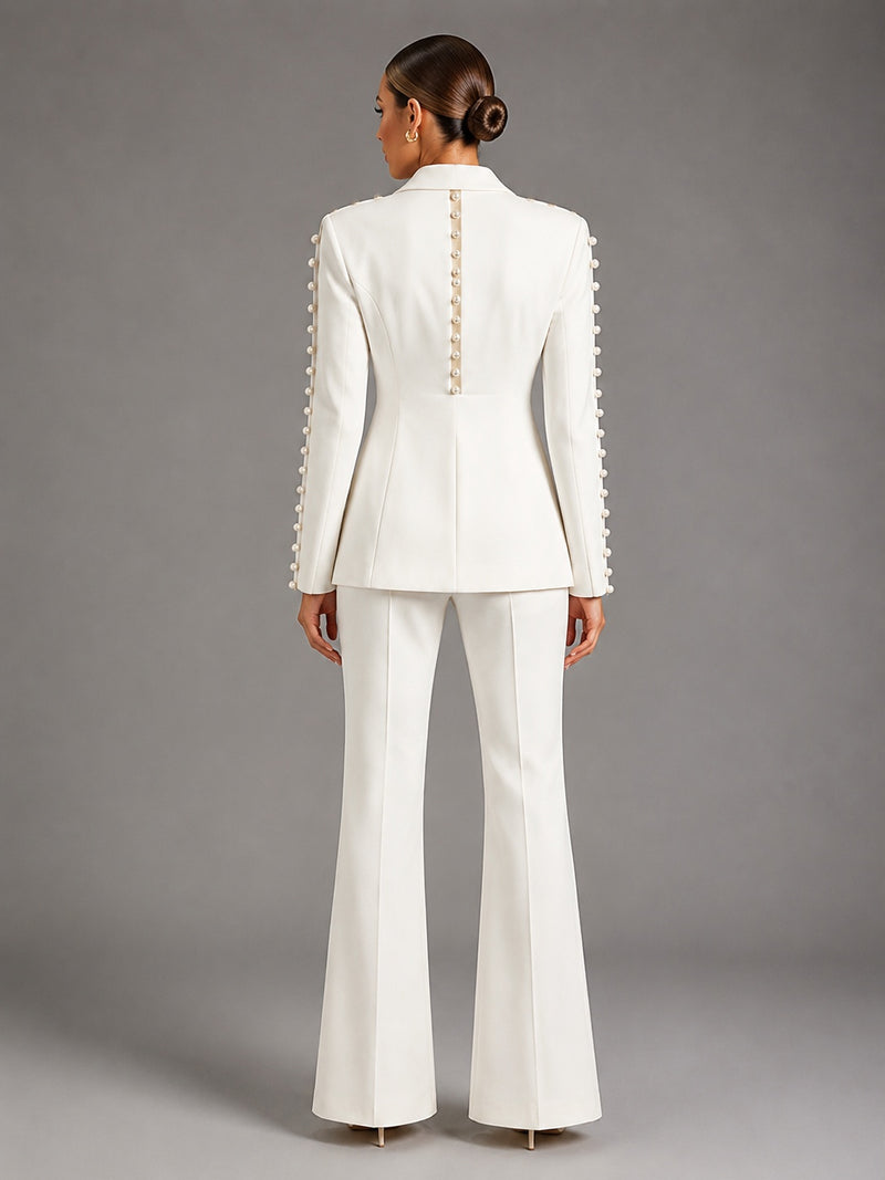 Pearl Embellished Peak Lapel Blazer & High Waist Full Flare Suit Trousers 2-Piece Set
