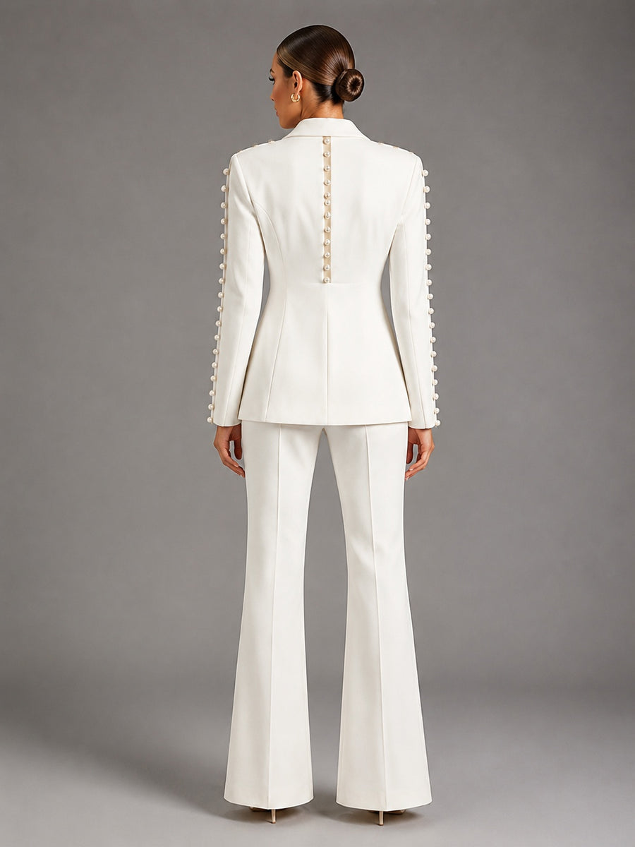 Pearl Embellished Peak Lapel Blazer & High Waist Full Flare Suit Trousers 2-Piece Set