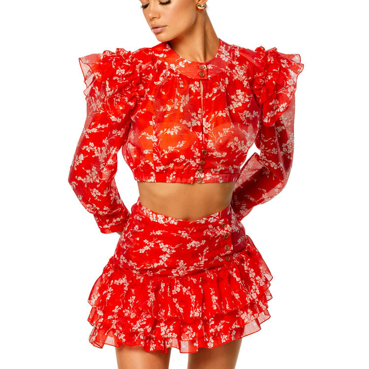 Round Neck Long-sleeved Cropped Top And Printed Skirt Two-piece Set — Floral