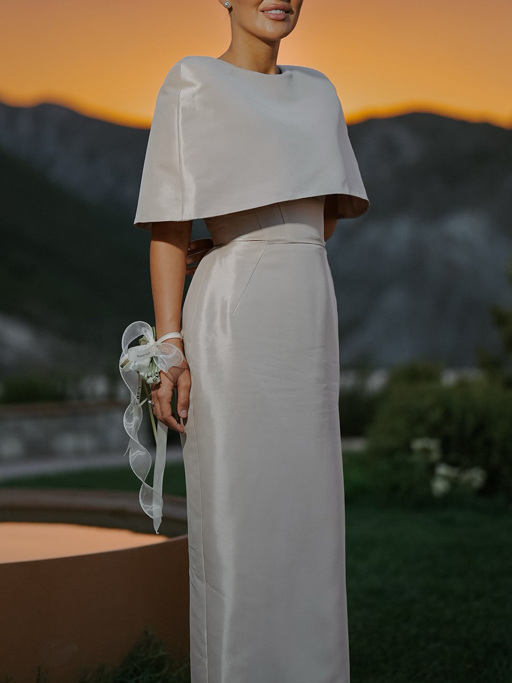 Satin Cape-style Top &Fitted Maxi Dress Set — Picture color
