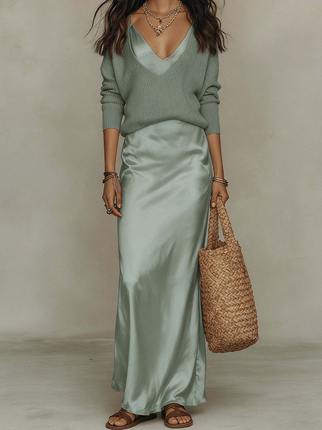 Women's Chic Satin Maxi Dress 2 Pieces Sets Sexy Straps Sleeveless Long Sleeve Top Evening Dresses Elegant New Party Street Gown — Light Green