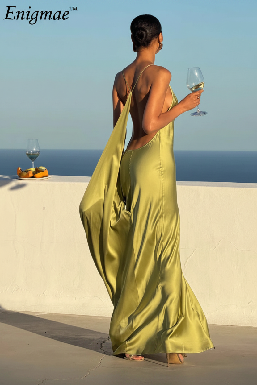 RibbonAura™ Satin Backless Pleated Maxi Dress