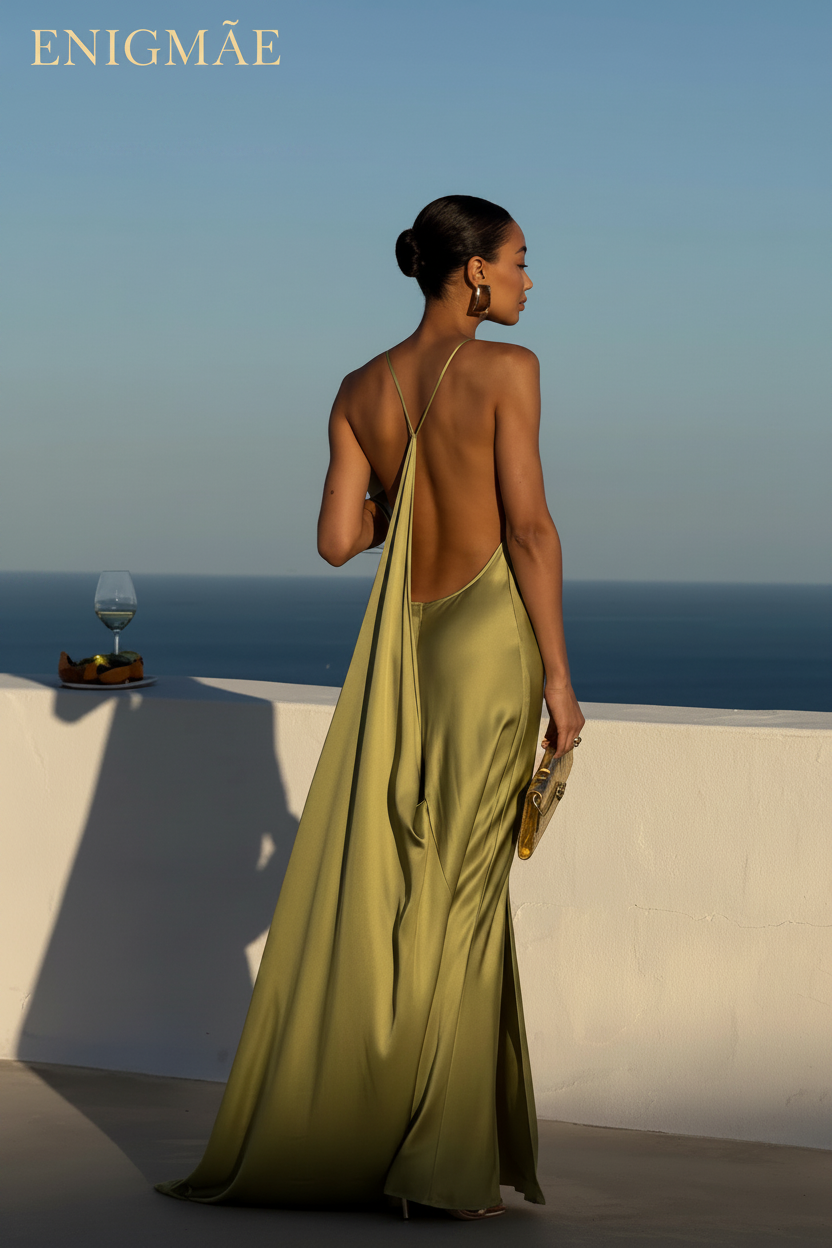 RibbonAura™ Satin Backless Pleated Maxi Dress