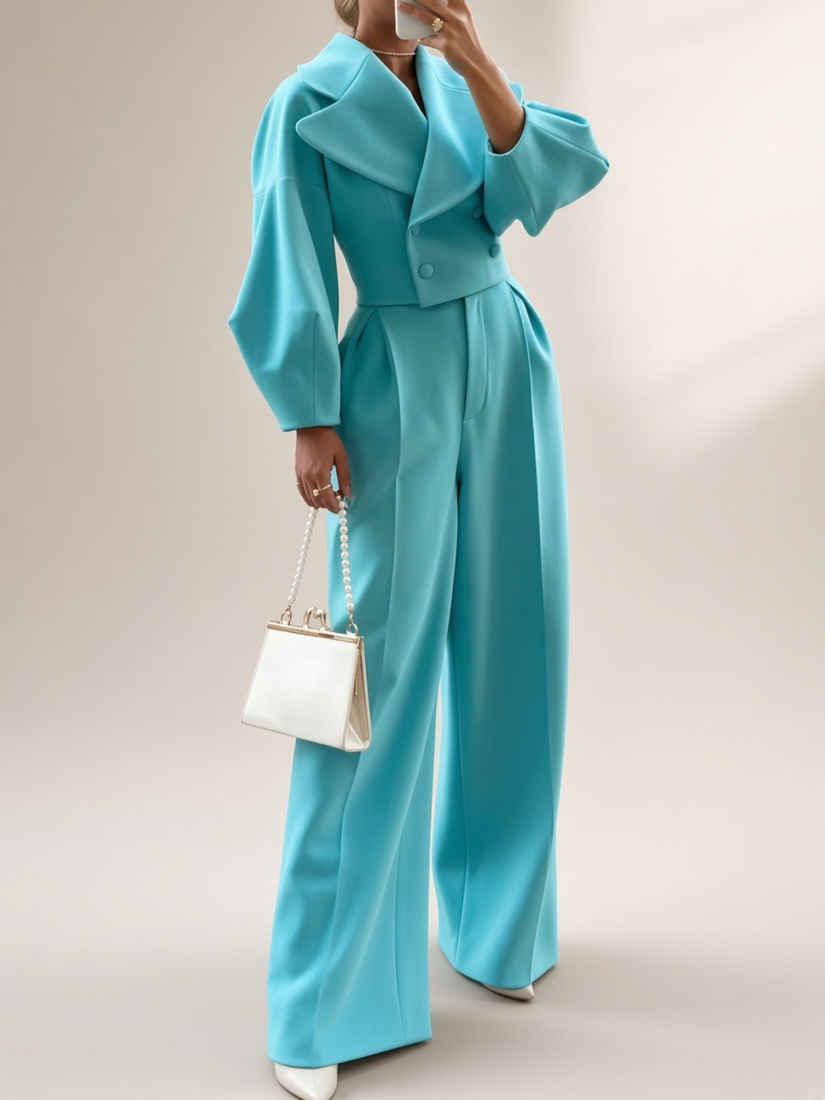 Solid Color Lapel Short Jacket & High Waist Pants Suit