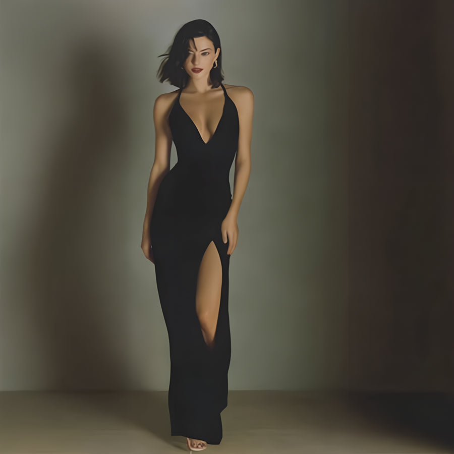 Plunge Halter Satin Slit Gown