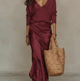 Women's Chic Satin Maxi Dress 2 Pieces Sets Sexy Straps Sleeveless Long Sleeve Top Evening Dresses Elegant New Party Street Gown